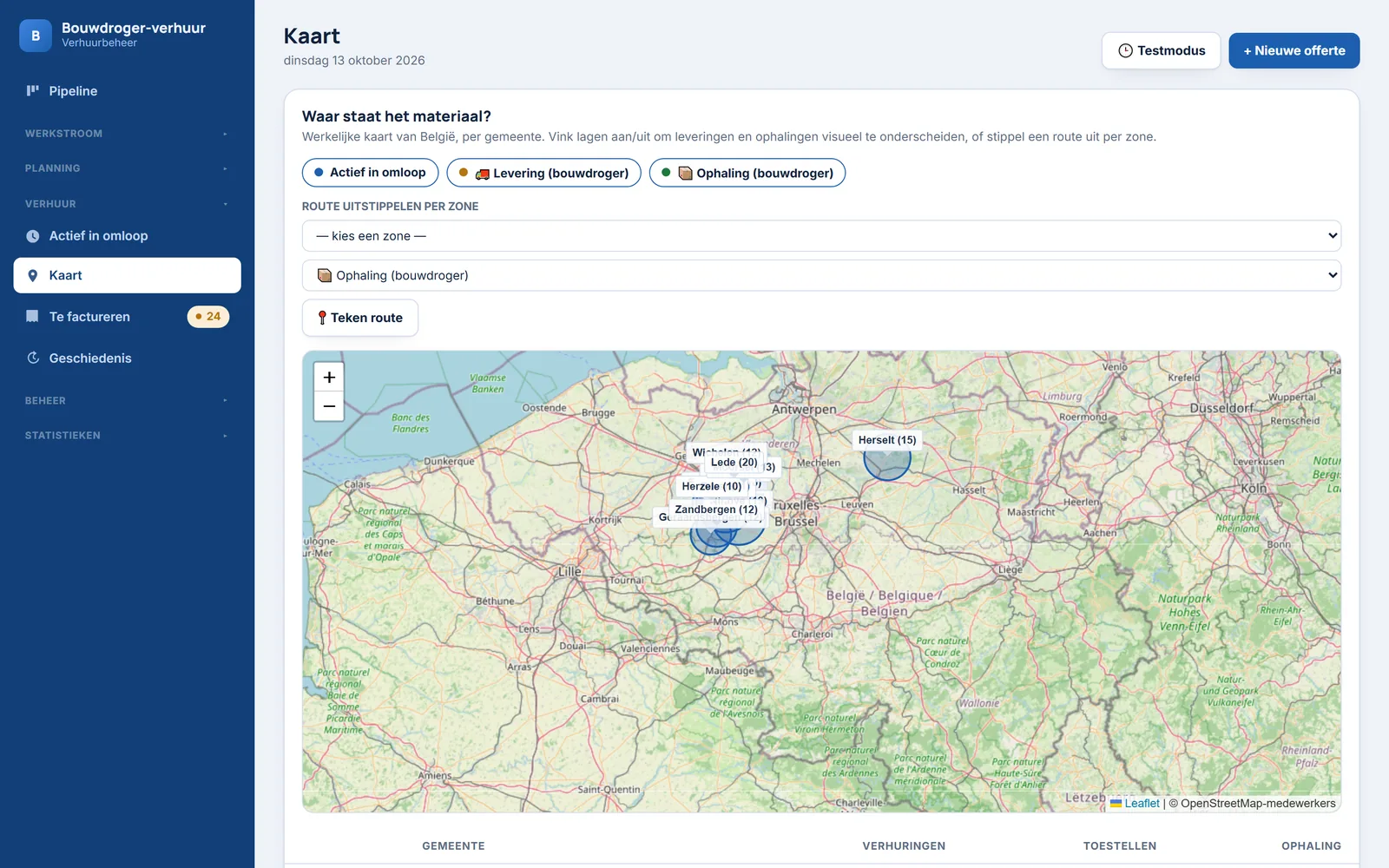 Kaart van België met het verhuurde materiaal per gemeente