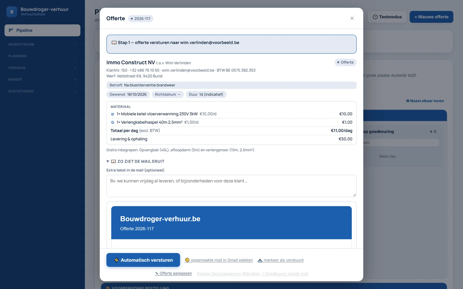 Offerte in het verhuursysteem van Bouwdroger-verhuur.be met materiaal, totaal per dag en de mail die de klant krijgt