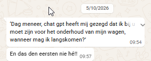 WhatsApp-bericht van een klant van Garage Vandenheede: chat gpt heeft mij gezegd dat ik bij u moet zijn voor het onderhoud van mijn wagen, wanneer mag ik langskomen