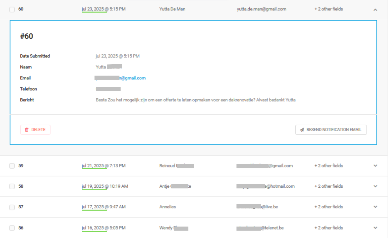 Website aanvragen per week